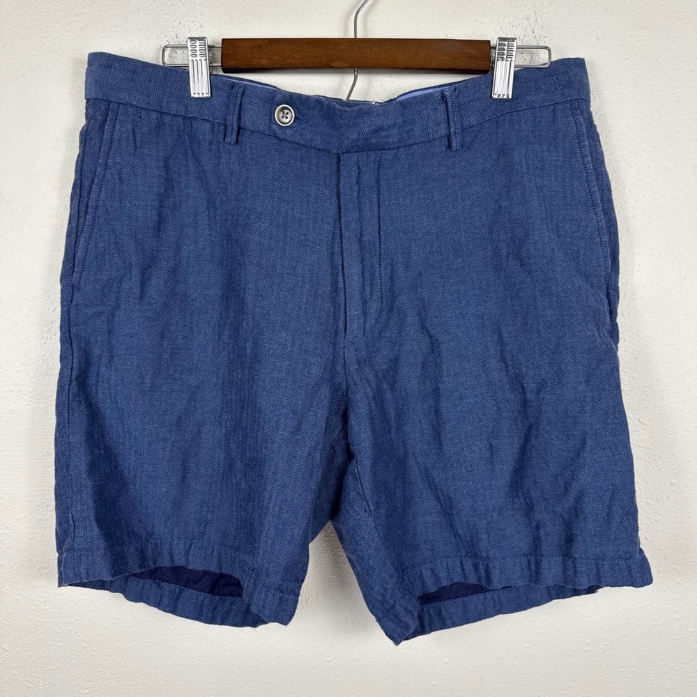 Peter Millar Crown Cool Blue Herringbone Cotton Linen Shorts Mens 35 MS18B20